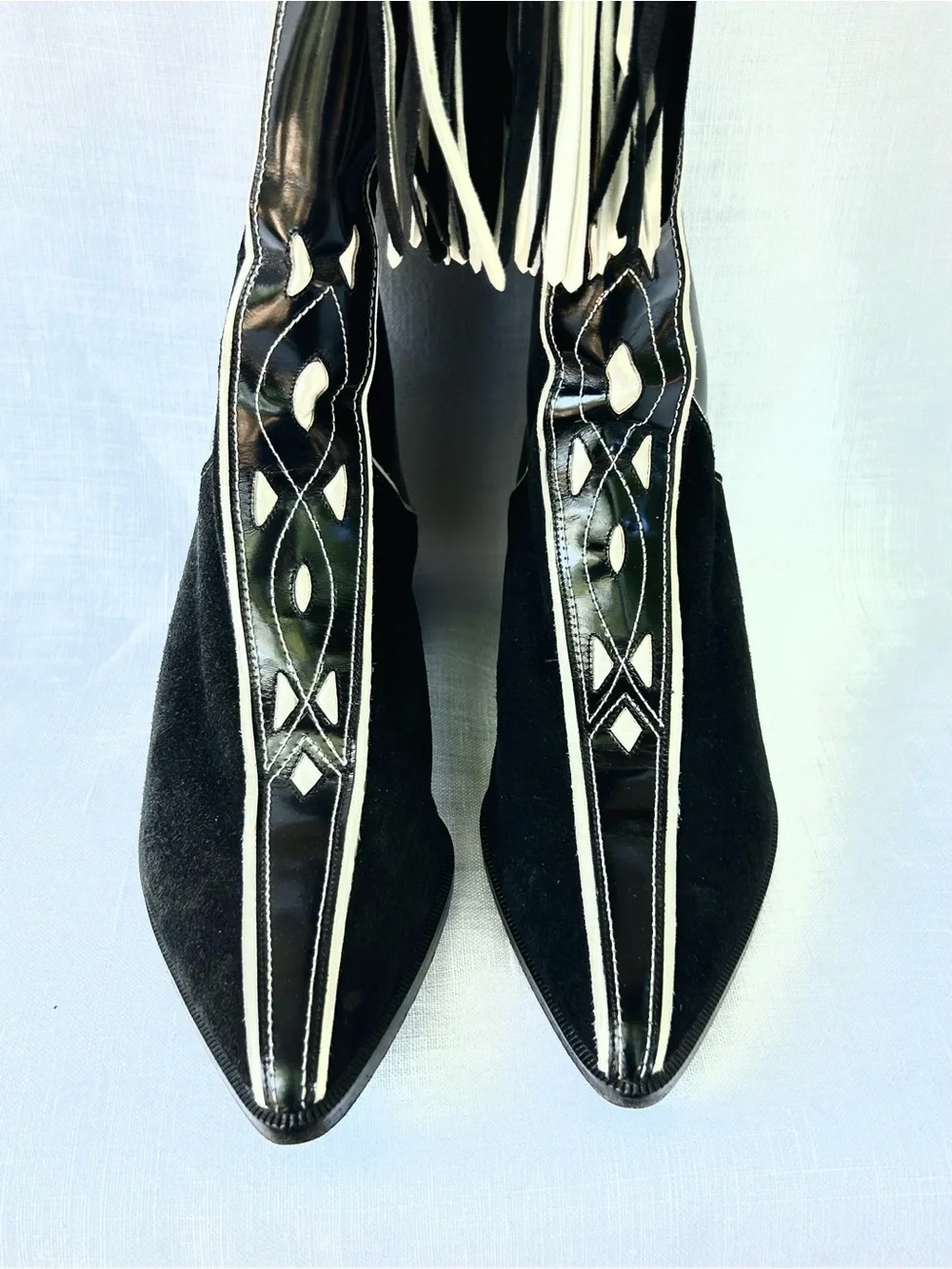Rare Vintage 80s Charles Jourdan Black Patent & Suede Fringe Western CowboyBoots - Picture 4 of 16